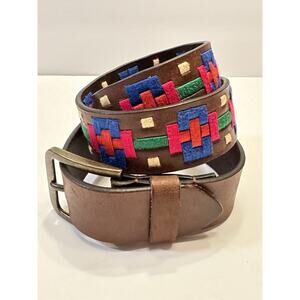 Large Free People Belt Brown Leather Geometric Embroidery